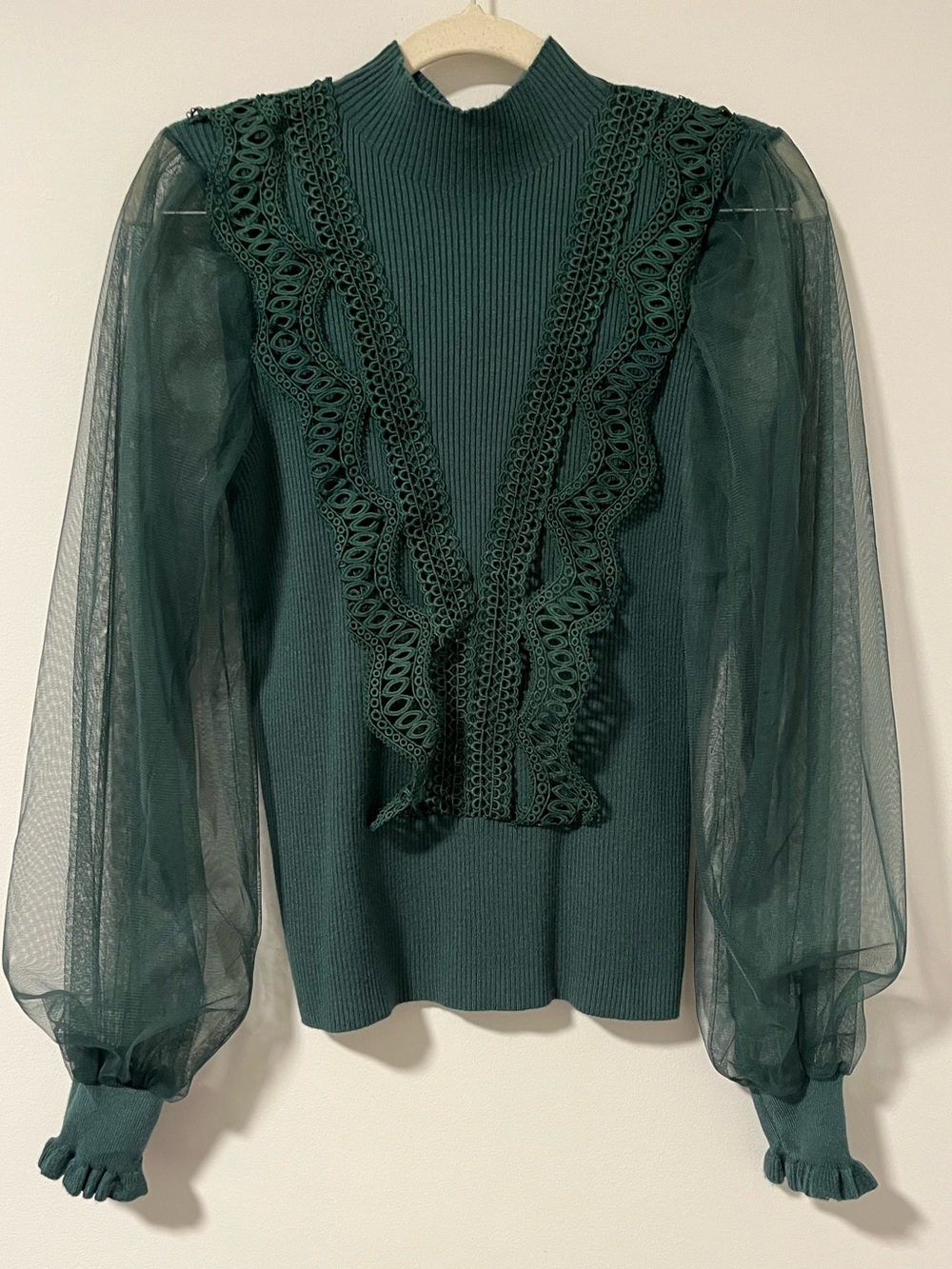 Rain + Rose Dark Green Lace-Trim Puff Sleeve Sweater Blouse NWT